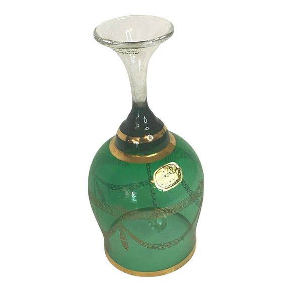 Bohemia Crystal Glass Bell Table Bell Green Gold Decor Czechoslovakia Art - Picture 1 of 9